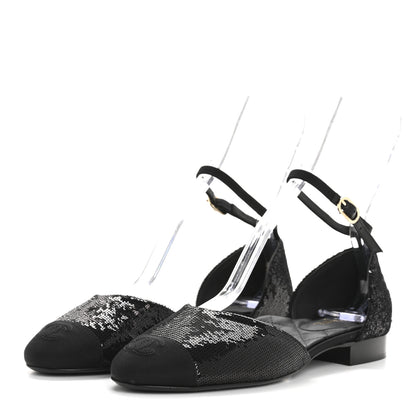 Chanel Sequin Grosgrain CC Cap Toe Ankle Flat 37.5 Black 4 of 9