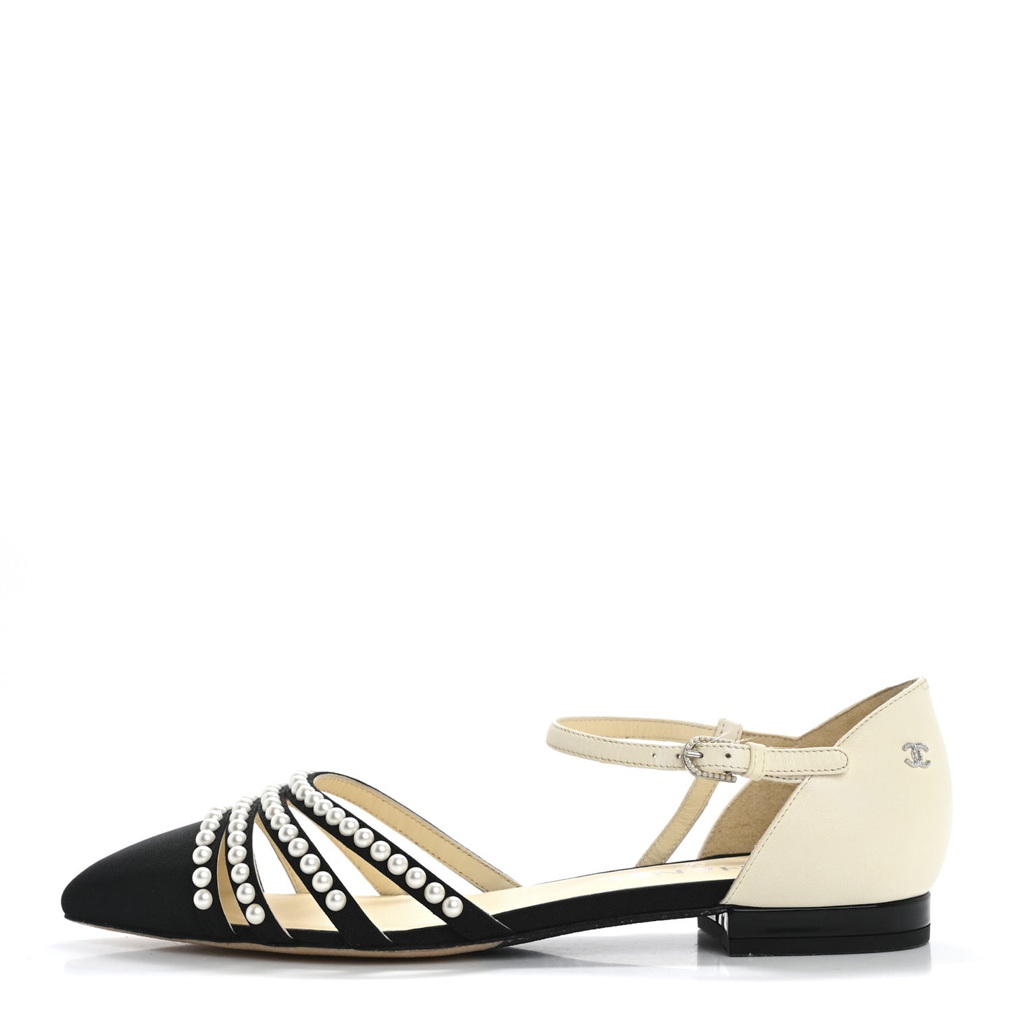 Lambskin Grosgrain Pearl Slingbacks 38.5 White Black