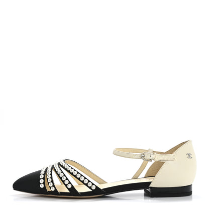 Chanel Lambskin Grosgrain Pearl Slingbacks 38.5 White Black 1 of 11