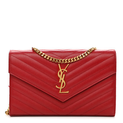 Saint Laurent Grain De Poudre Matelasse Chevron Monogram Chain Wallet Red 1 of 12