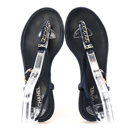 Chanel Suede Calfskin Thong Sandals 37 Navy Blue 2 of 9