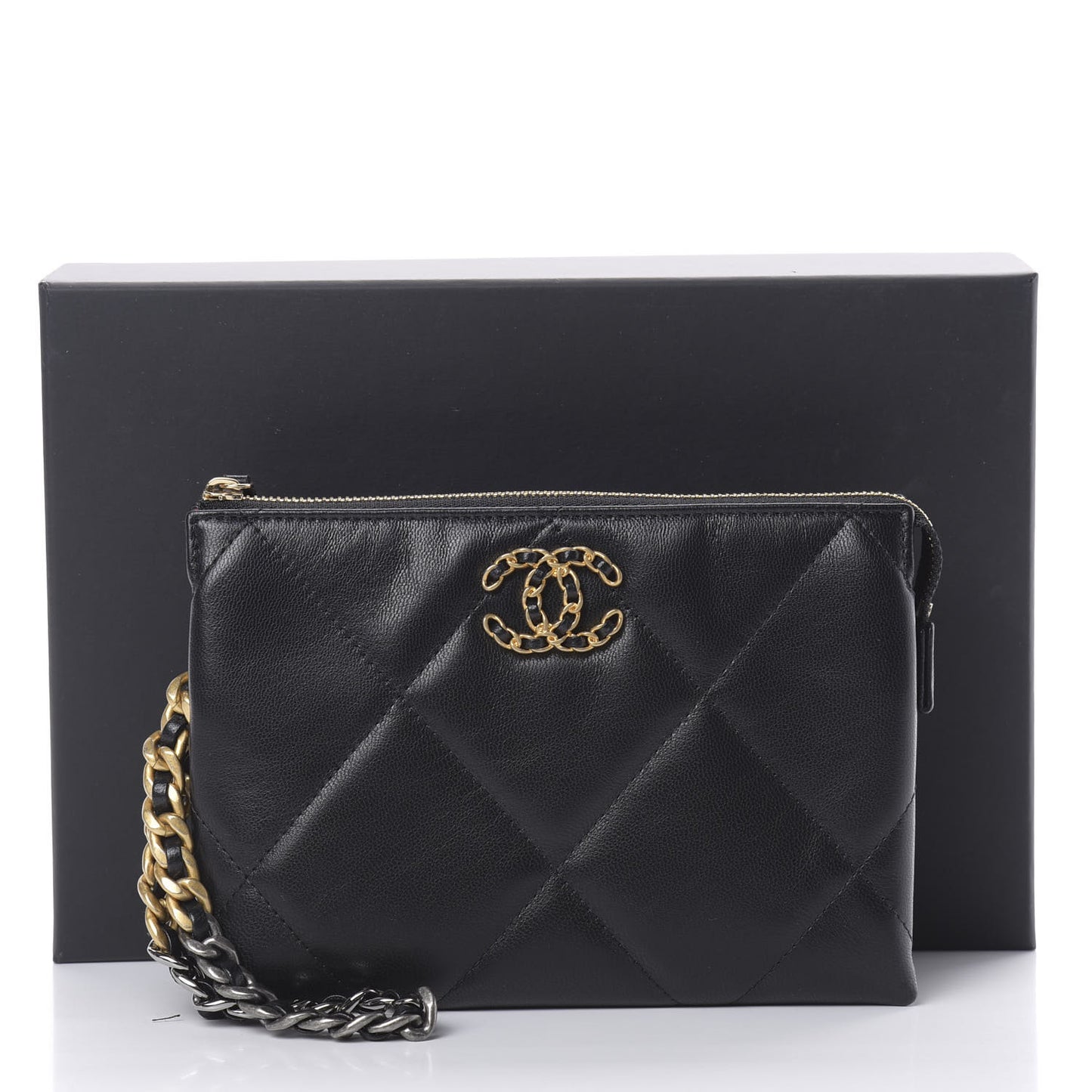 Shiny Goatskin Quilted Small Chanel 19 Pouch With Handle Black