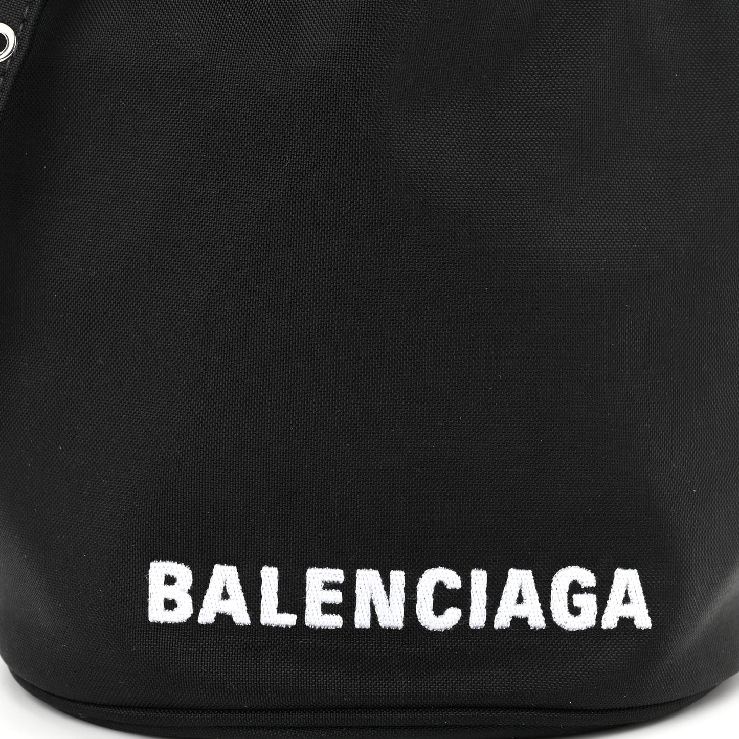 Recycled Sport Nylon Logo Embroidered Wheel Drawstring Bucket Bag Black White