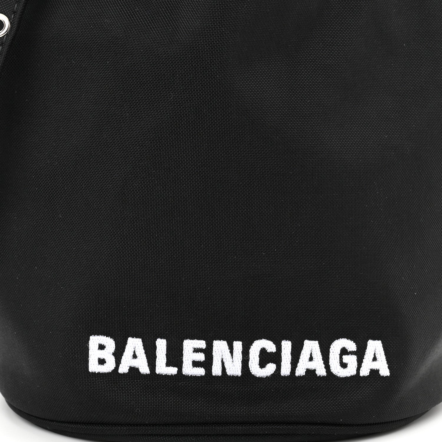 Balenciaga Recycled Sport Nylon Logo Embroidered Wheel Drawstring Bucket Bag Black White 7 of 9
