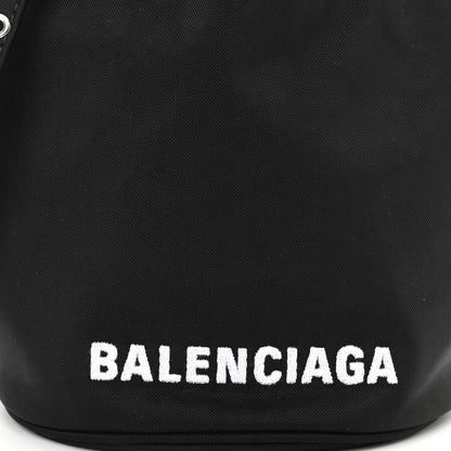 Balenciaga Recycled Sport Nylon Logo Embroidered Wheel Drawstring Bucket Bag Black White 7 of 9