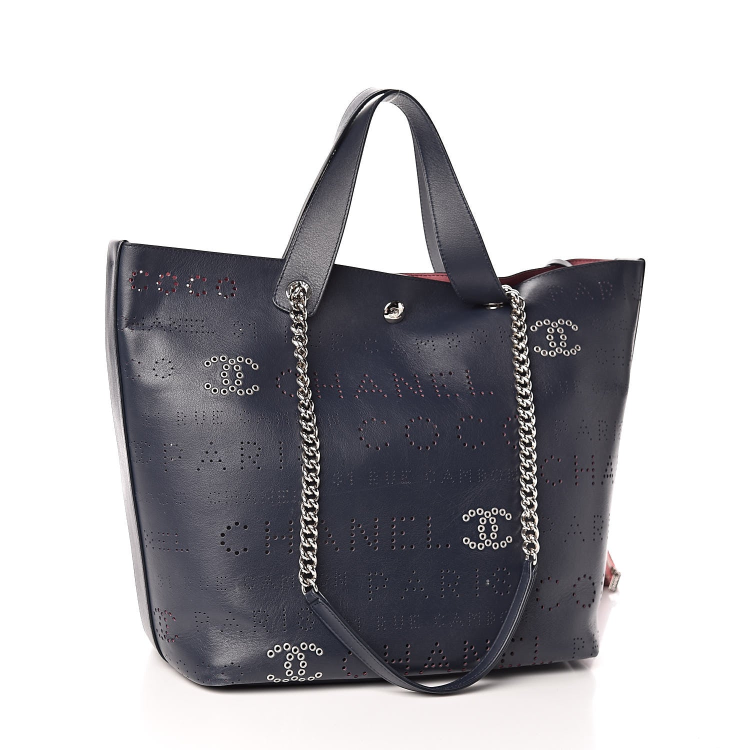 Chanel Calfskin Tweed Small Logo Eyelets Shopping Tote Navy Blue 4 of 13