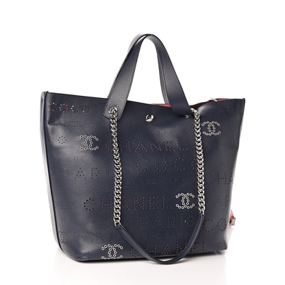 Chanel Calfskin Tweed Small Logo Eyelets Shopping Tote Navy Blue 4 of 13