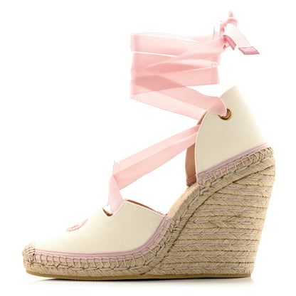 Gucci Canvas Grossgrain Embroidered Judit Ankle Wrap Platform 35/120mm Espadrille Wedges 40 White Shell 1 of 11