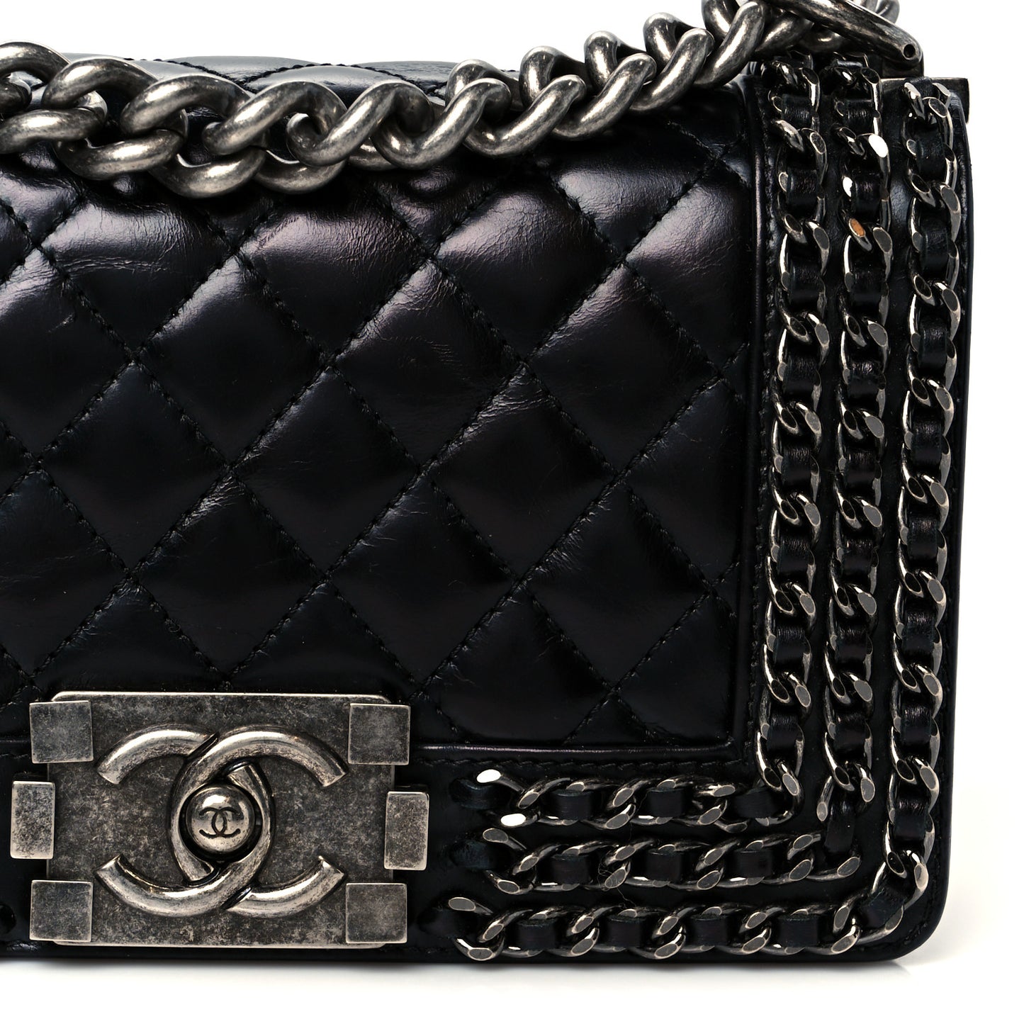 Glazed Calfskin Quilted Small Boy Chained Flap Black