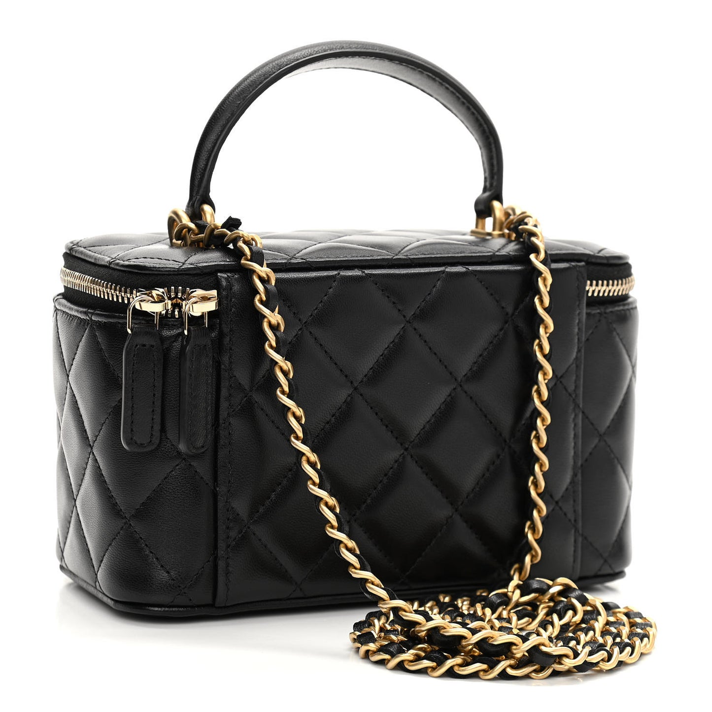 Lambskin Quilted Small Top Handle Vanity Case With Chain Black
