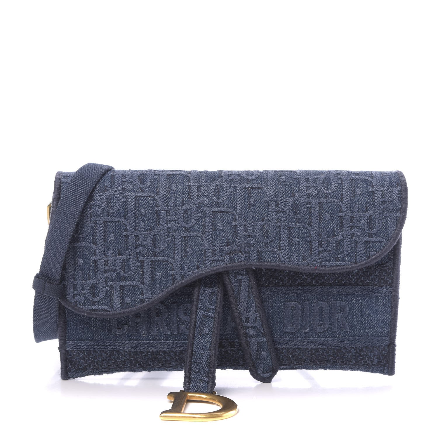 Christian Dior Oblique Embroidered Slim Saddle Pouch Denim Blue 1 of 10