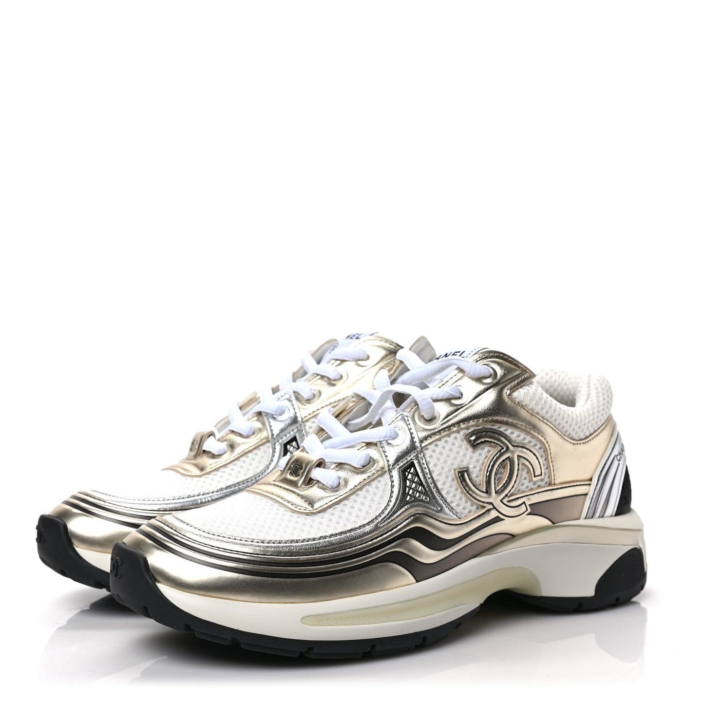 Fabric Laminated Calfskin Stretch CC Sneakers 37 White Gold Silver