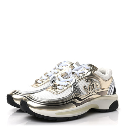 Chanel Fabric Laminated Calfskin Stretch CC Sneakers 37 White Gold Silver 3 of 8
