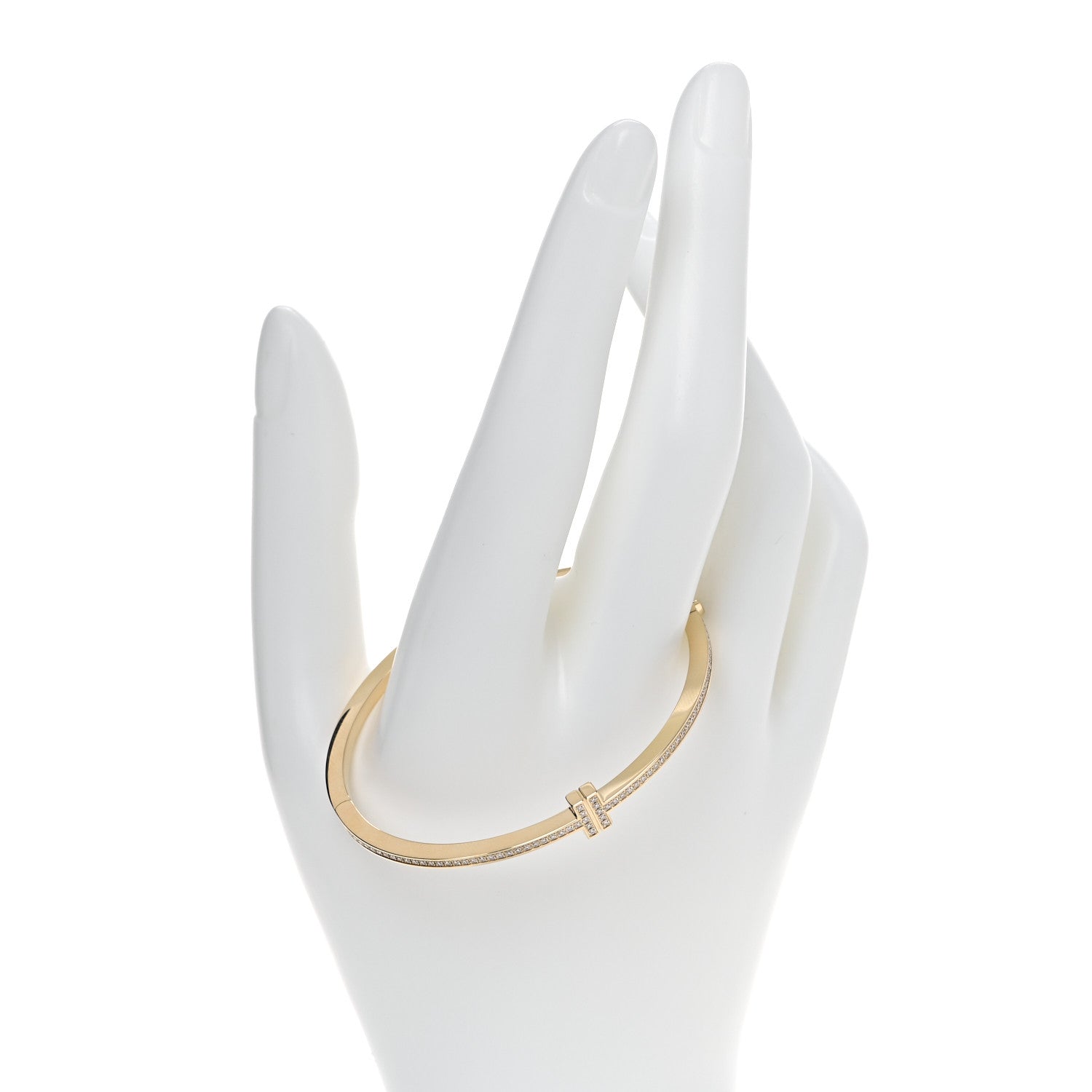 Tiffany 18K Yellow Gold Diamond T Hinged Wire Bangle Bracelet 2 of 7