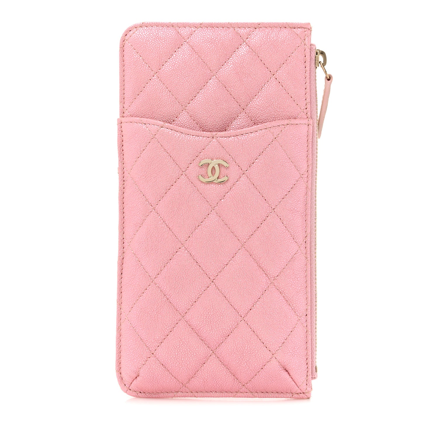 Iridescent Caviar Quilted Classic Flat Wallet Pouch Pink