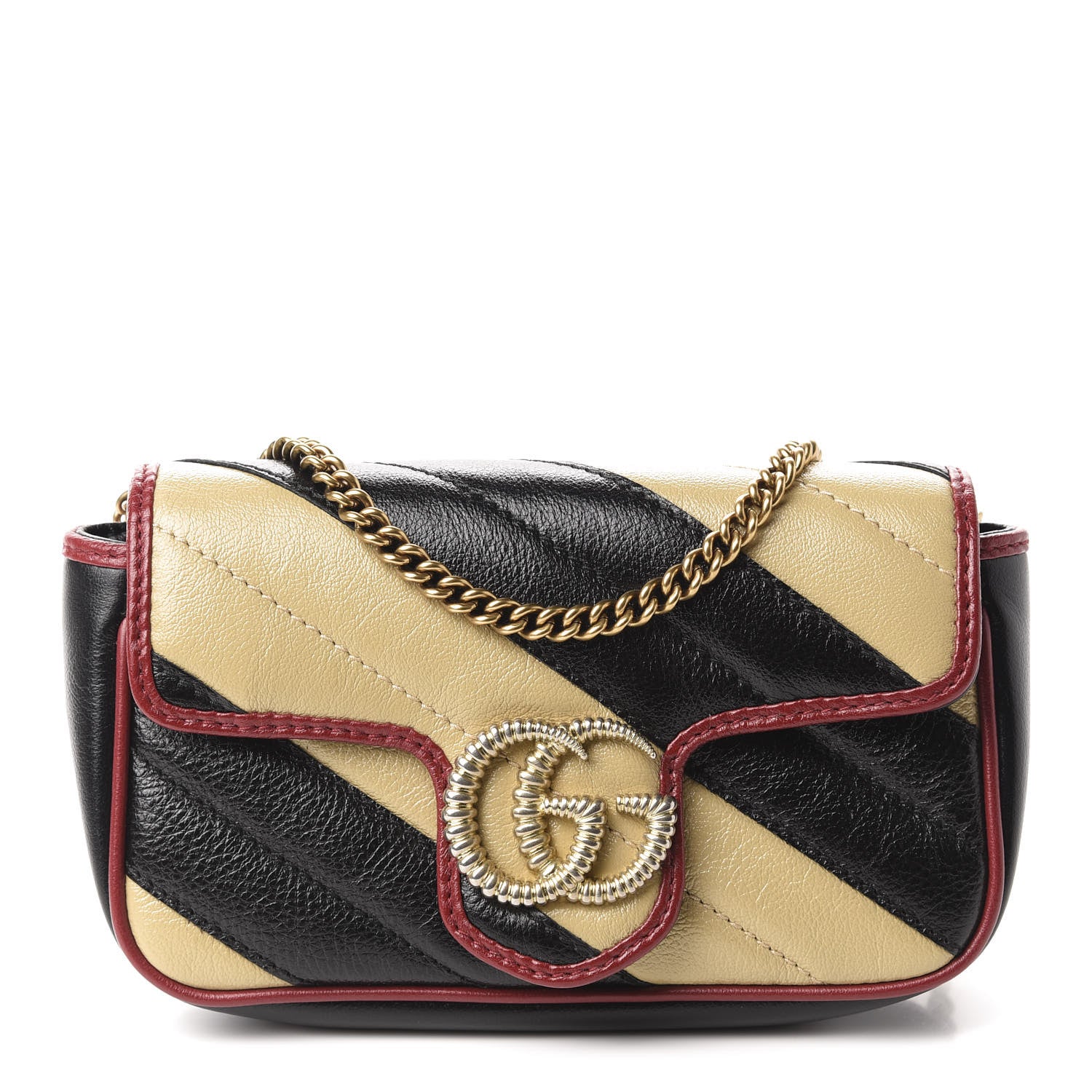 Gucci Vintage Effect Calfskin Matelasse Diagonal Striped Super Mini Torchon GG Marmont Shoulder Bag Black Beige 1 of 10