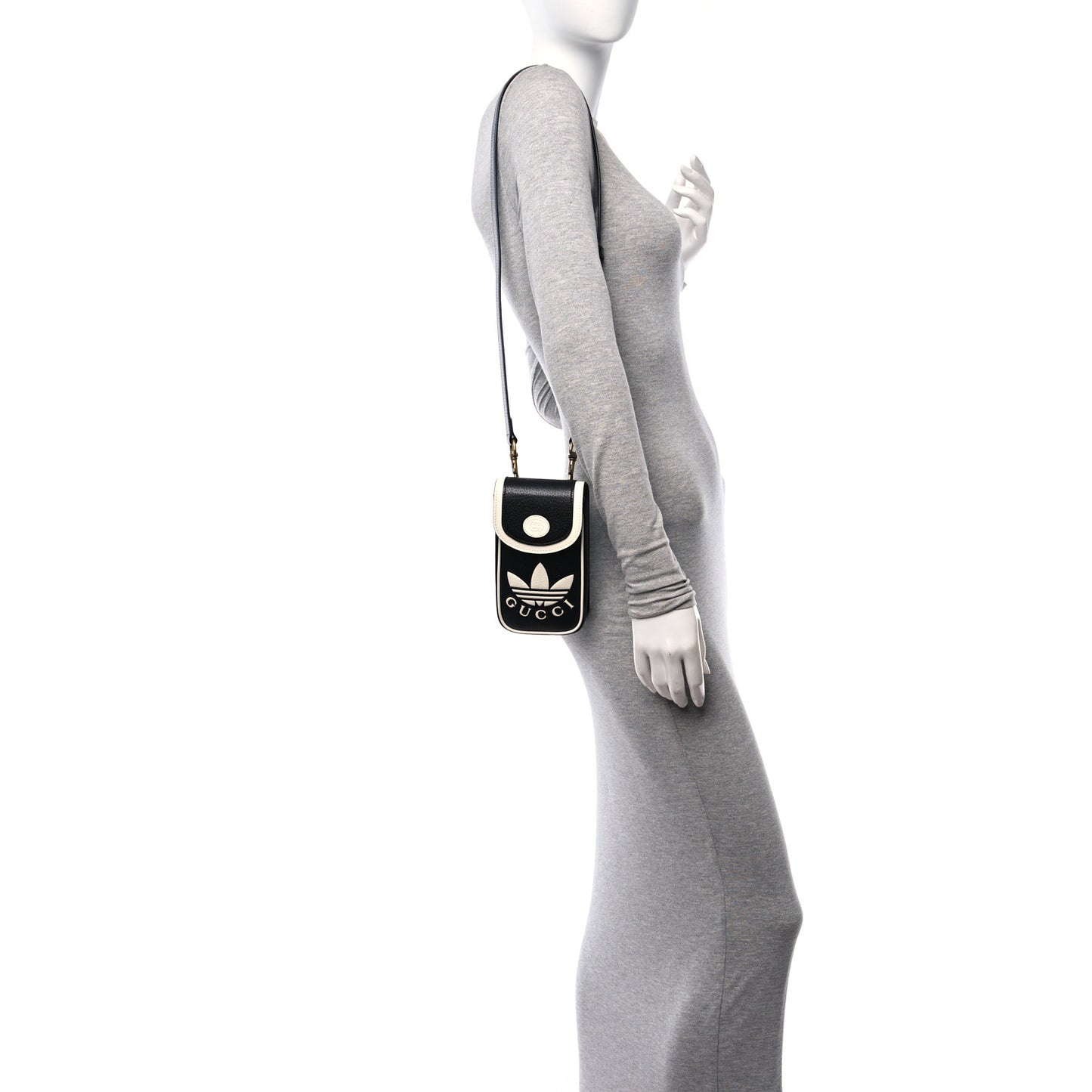 X ADIDAS Textured Dollar Calfskin Trefoil Embossed Phone Crossbody Bag Black Off White