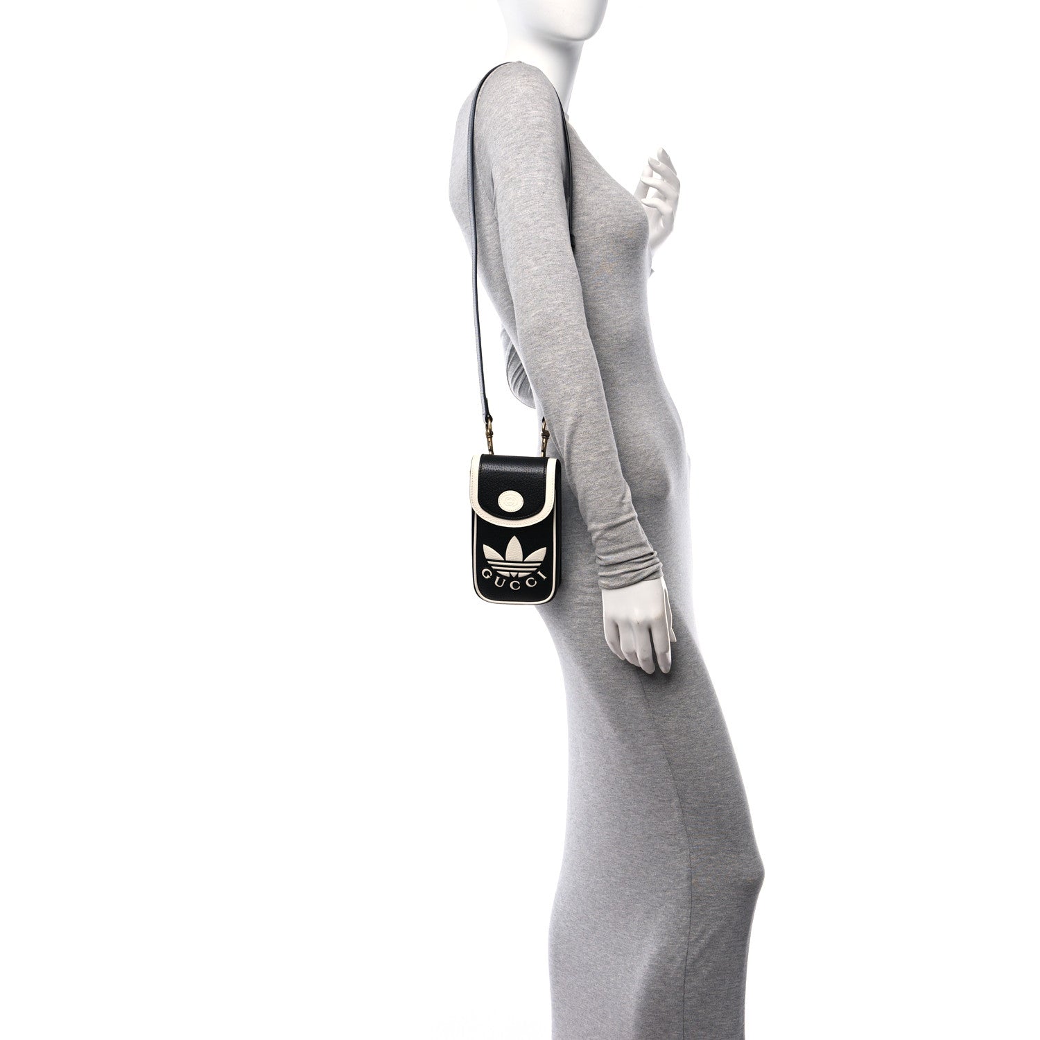Gucci X ADIDAS Textured Dollar Calfskin Trefoil Embossed Phone Crossbody Bag Black Off White 2 of 10