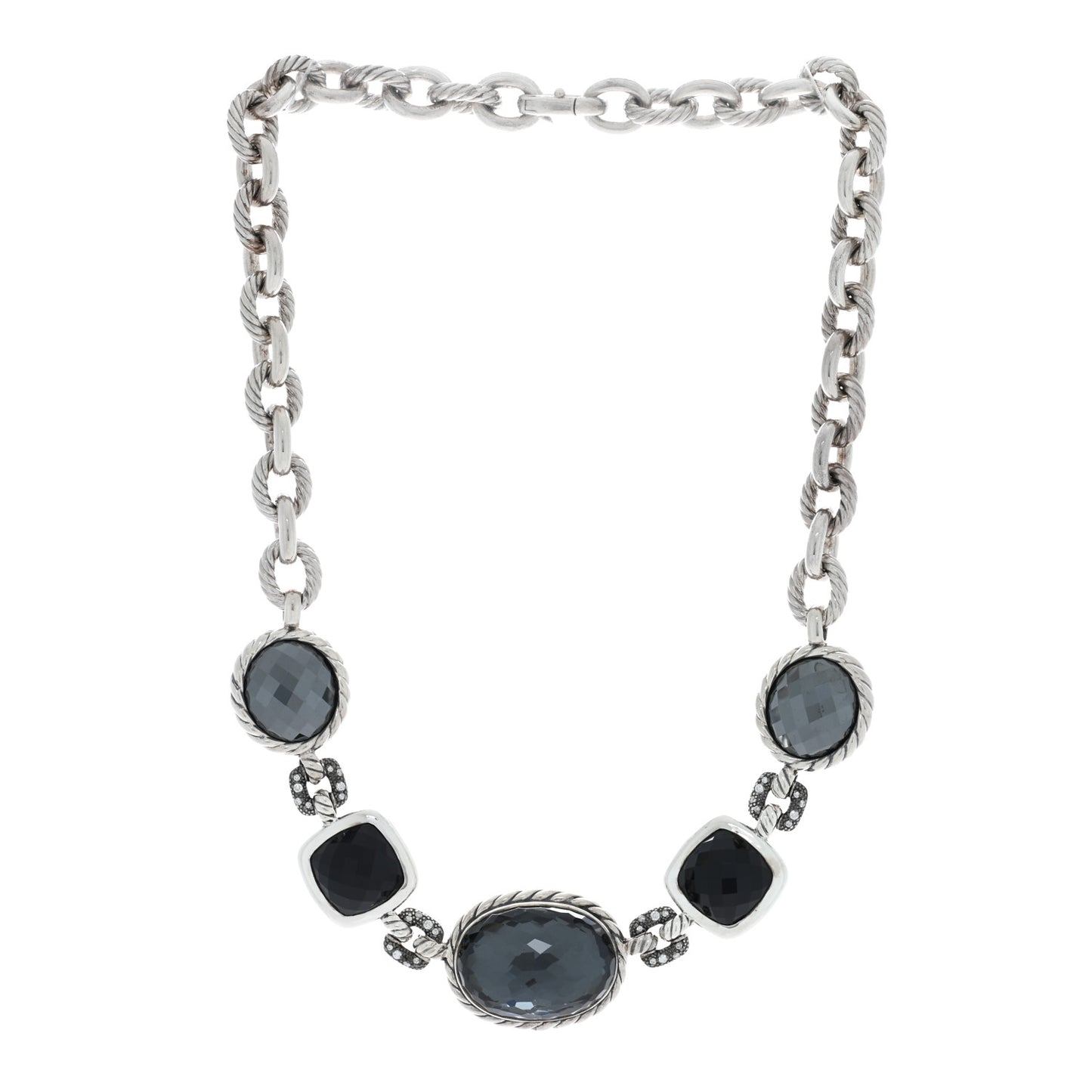 Sterling Silver Diamond Black Orchid Black Onyx Hematine Link Necklace