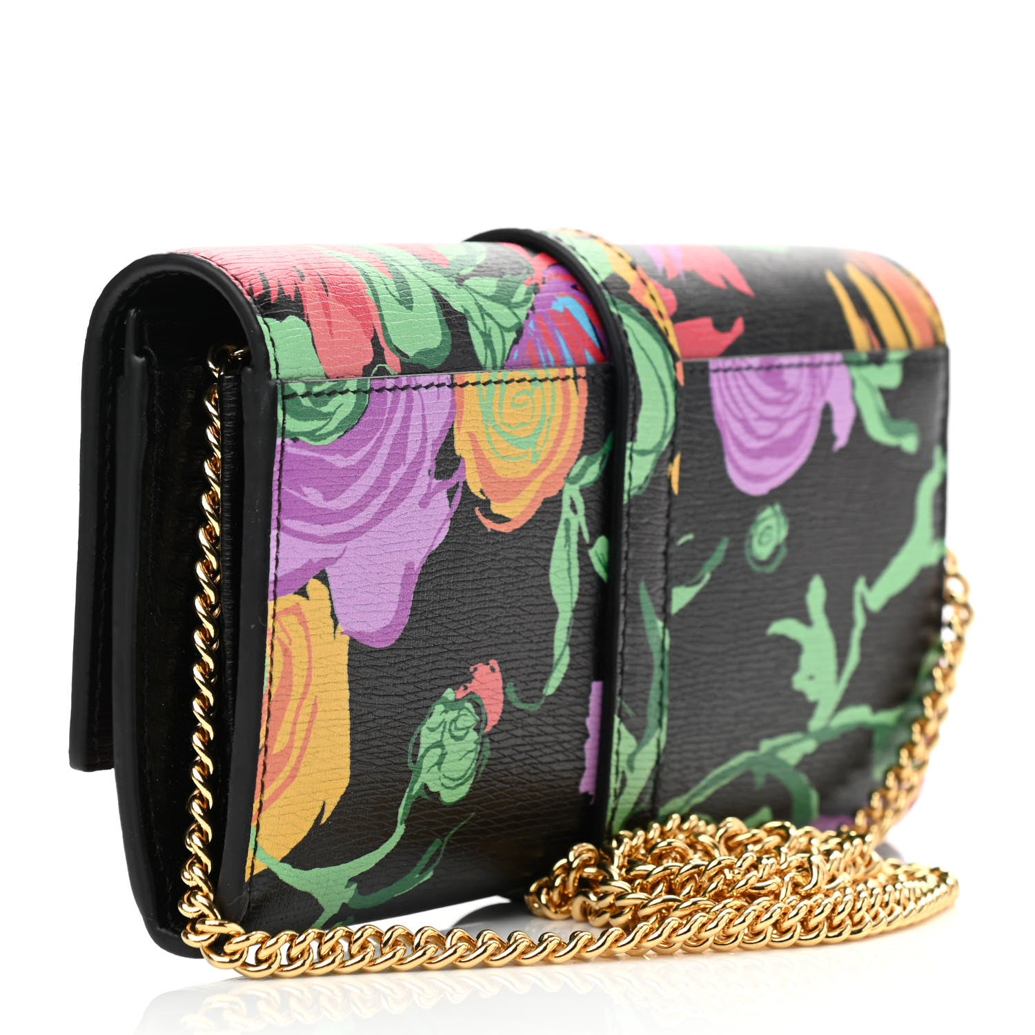 Gucci X KEN SCOTT New Shangai Calfskin Jenny Floral Print Jackie 1961 Chain Wallet Black Pink 3 of 8