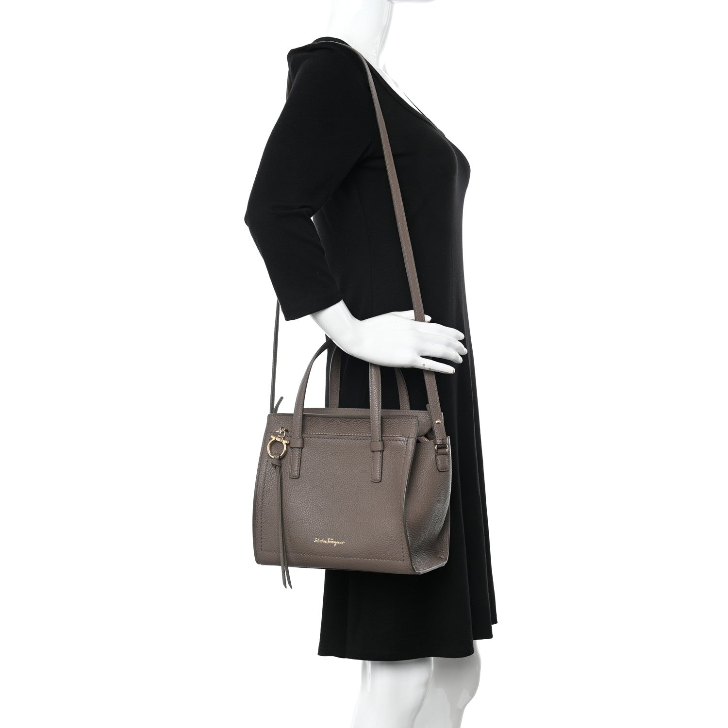 Salvatore Ferragamo Hammered Calfskin Double Handle Small Amy Tote Caraway Seed 2 of 11
