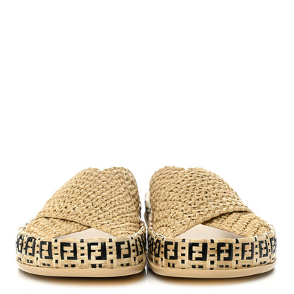 Fendi Raffia FF Woven Reflections Crisscross Slide Sandals 37.5 Naturale Black 2 of 10