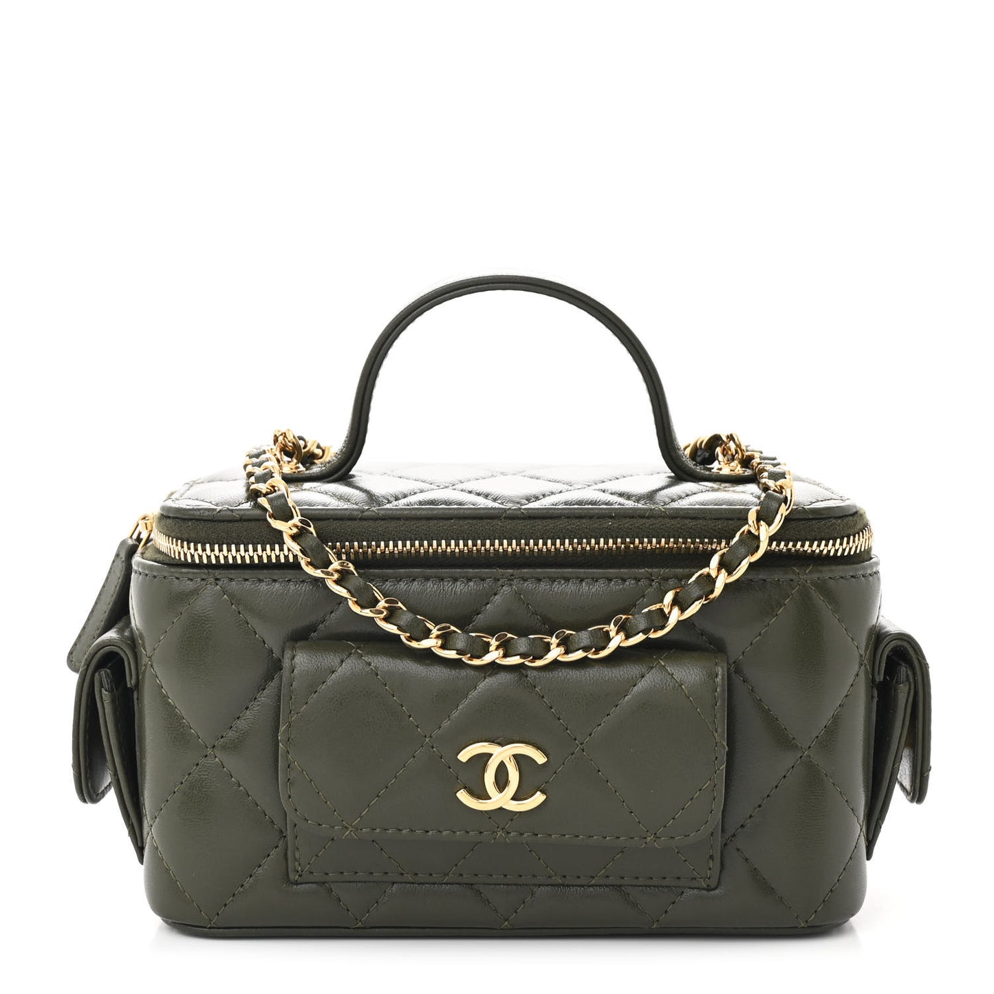 Lambskin Quilted Polly Pocket East West Top Vanity With Chain Khaki