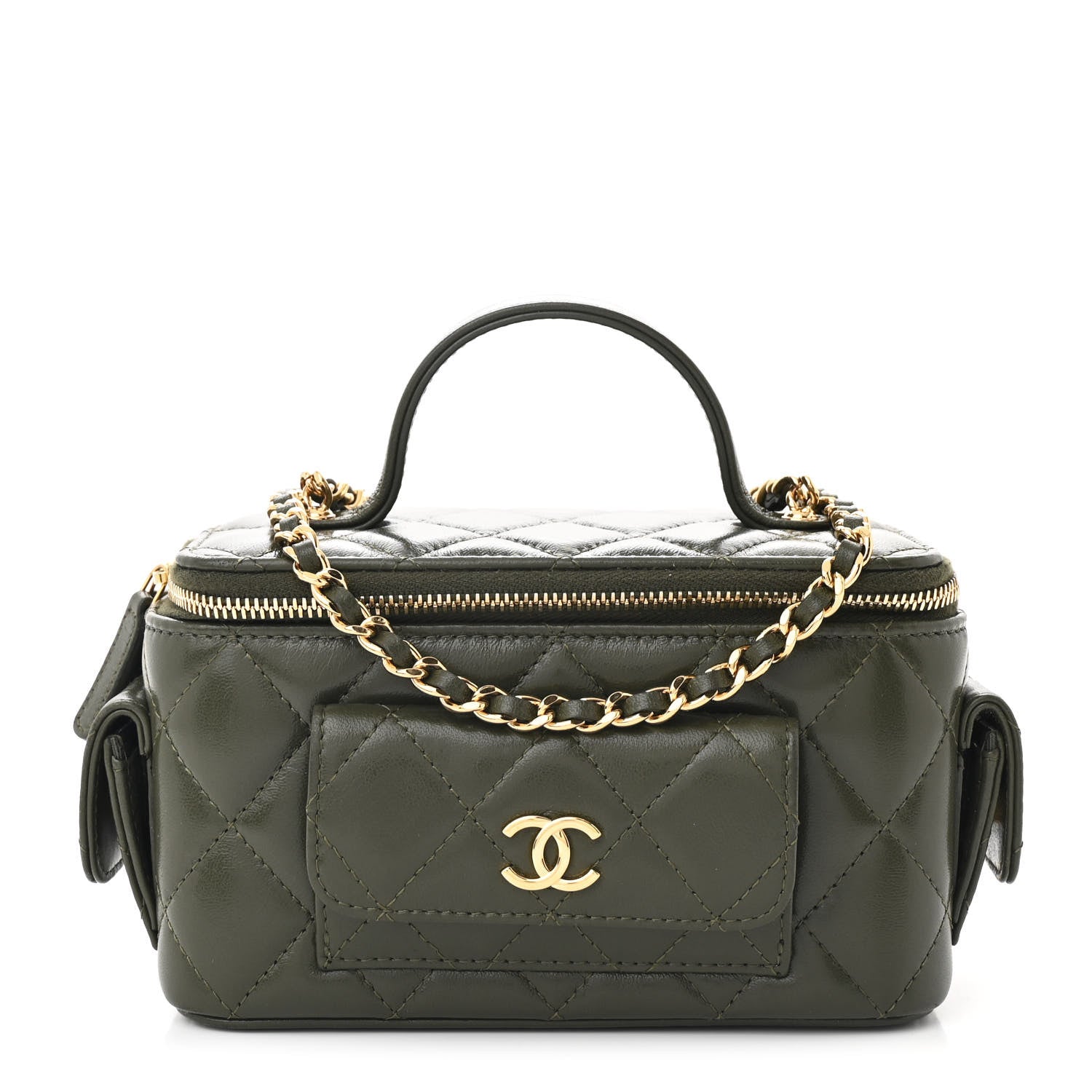 Chanel Lambskin Quilted Polly Pocket East West Top Vanity With Chain Khaki 1 of 11