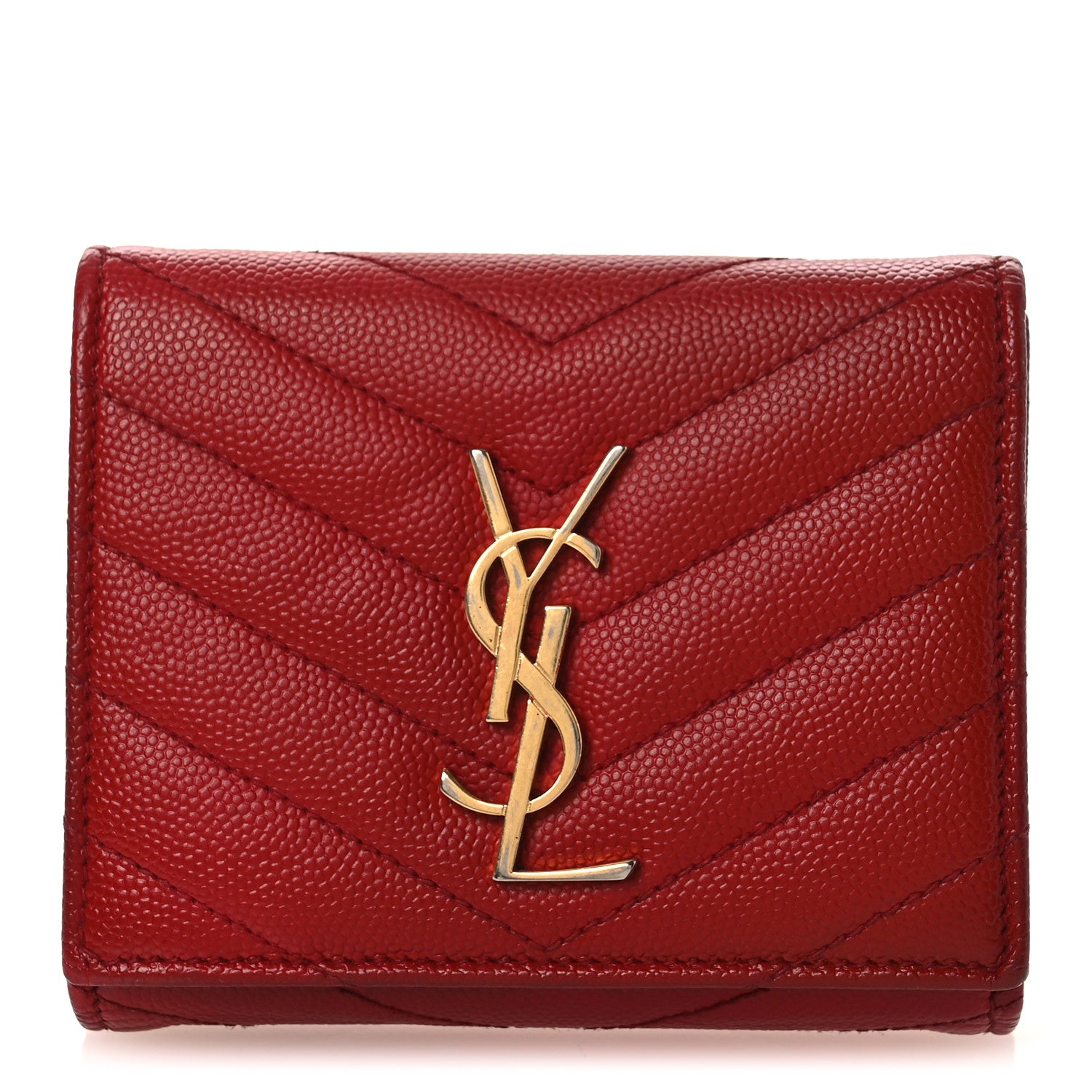 Saint Laurent Grain De Poudre Matelasse Chevron Monogram Compact Wallet Red 1 of 9