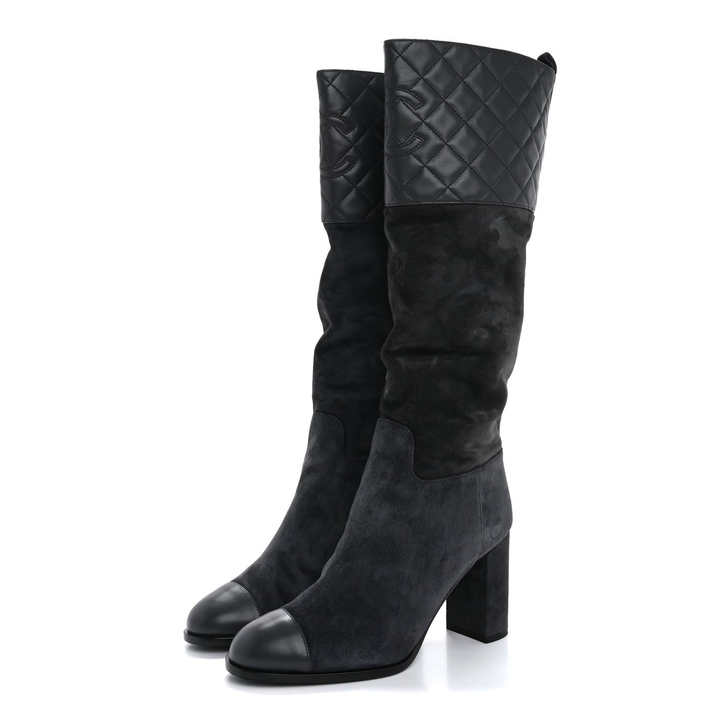 Suede Calfskin Lambskin Quilted Knee High Boots 40 Grey
