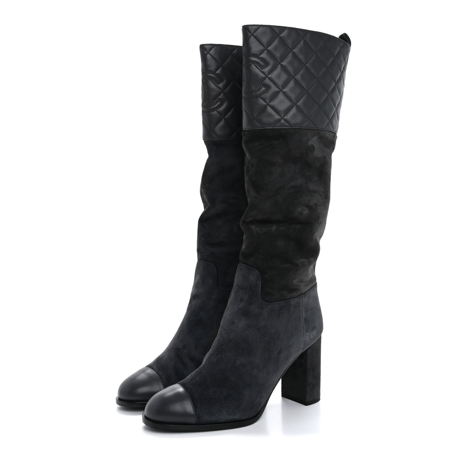 Chanel Suede Calfskin Lambskin Quilted Knee High Boots 40 Grey 3 of 8