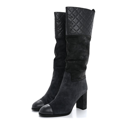 Chanel Suede Calfskin Lambskin Quilted Knee High Boots 40 Grey 3 of 8