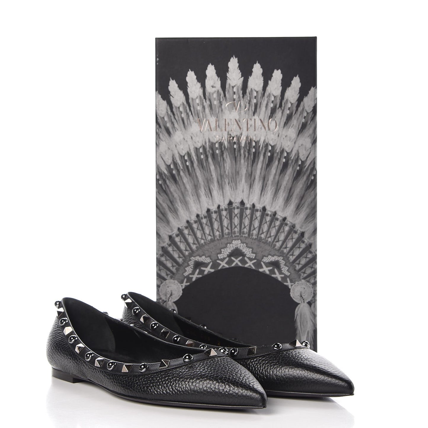 Pebbled Calfskin Onyx Rockstud Rolling Ballerina Flats 39 Black