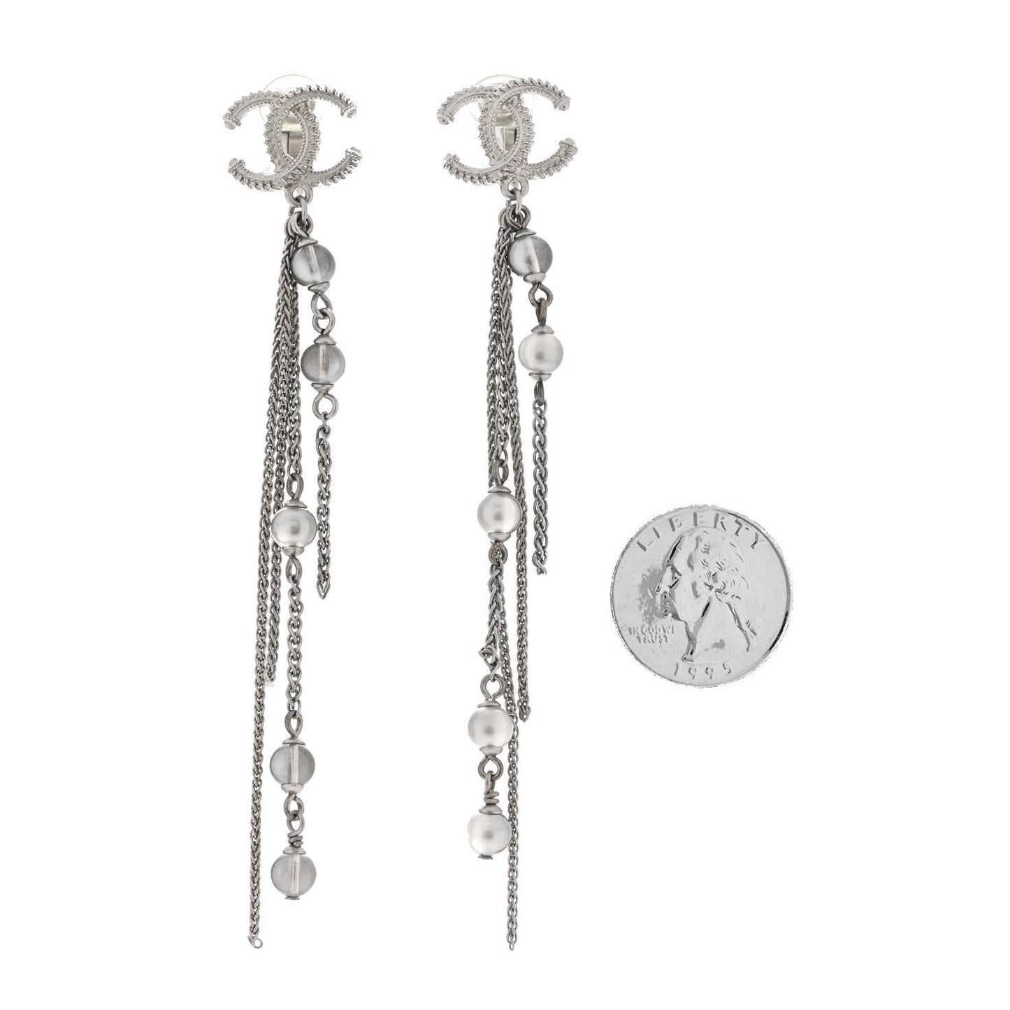 Metal Chain Pearl CC Drop Clip On Earrings Silver