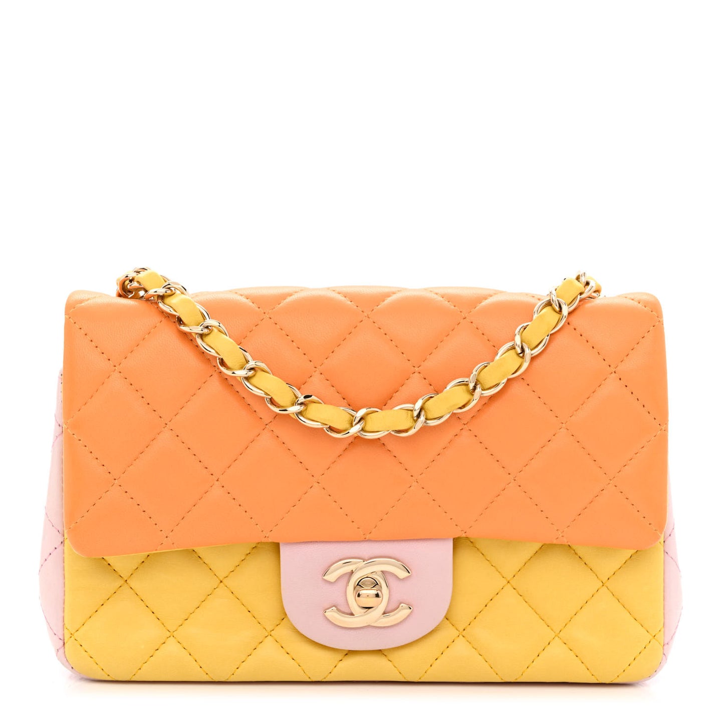 Lambskin Quilted Tri-color Mini Rectangular Flap Orange Yellow Pink