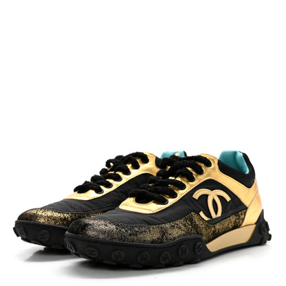 Chanel Metallic Lambskin Satin Finish Womens CC Sneakers 39.5 Black Gold 3 of 15