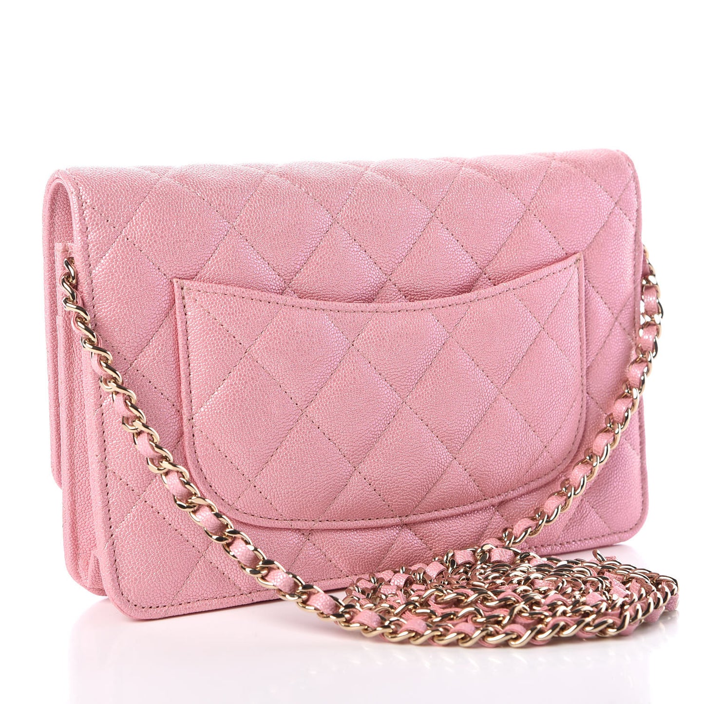 Iridescent Caviar Quilted Wallet on Chain WOC Rose Pink