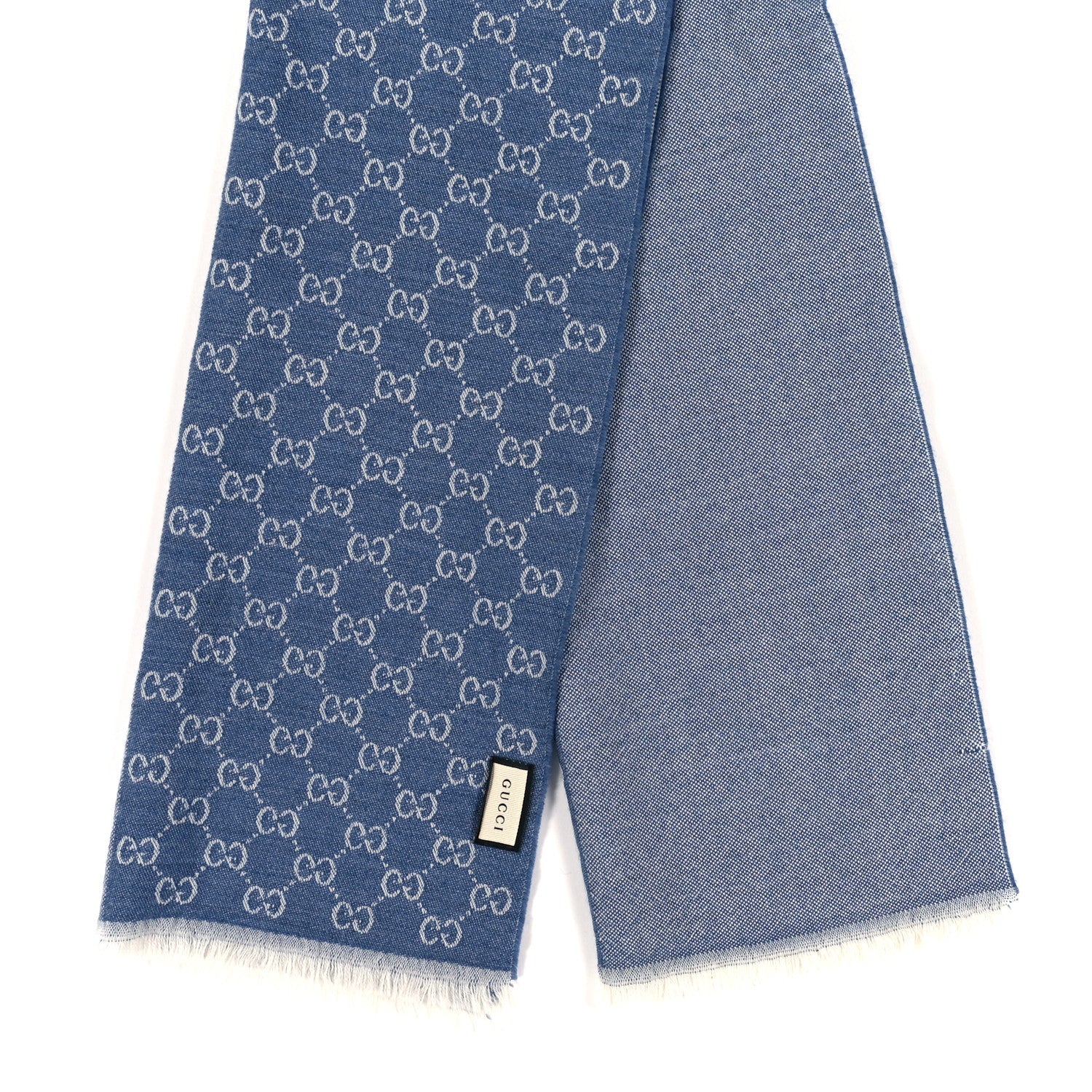 Gucci Wool GG Monogram HalfGG Fringe Scarf Ivory Sky Blue 4 of 4