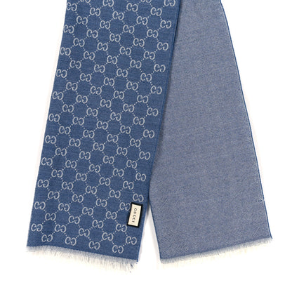 Gucci Wool GG Monogram HalfGG Fringe Scarf Ivory Sky Blue 4 of 4