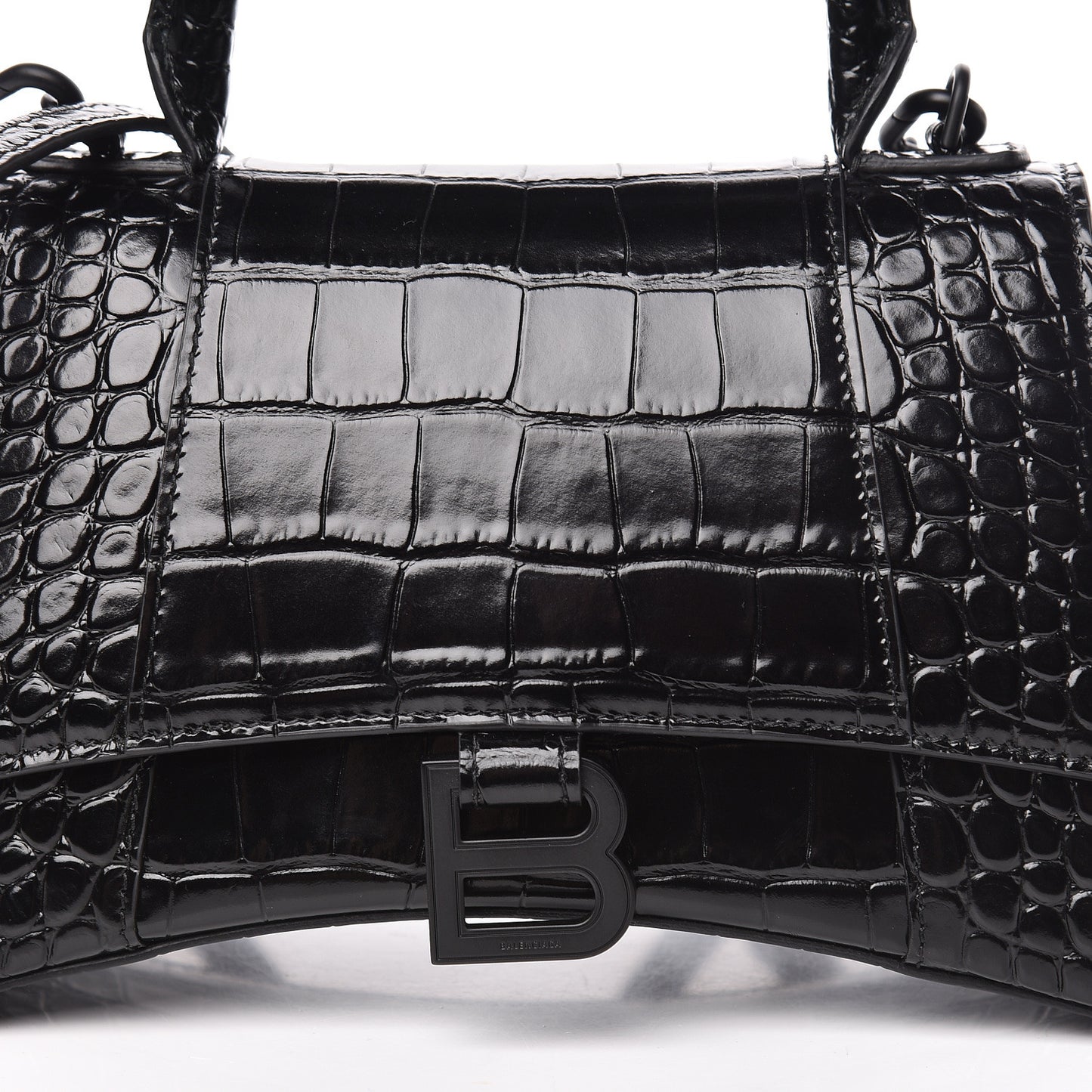 Shiny Calfskin Monochrome Crocodile Embossed Small Hourglass Top Handle Bag Black