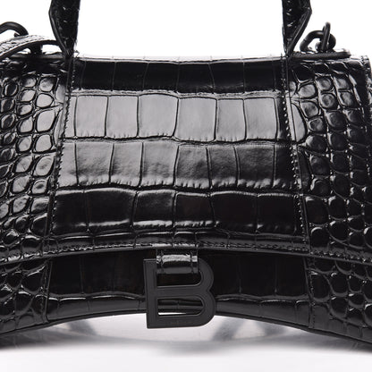 Balenciaga Shiny Calfskin Monochrome Crocodile Embossed Small Hourglass Top Handle Bag Black 10 of 10