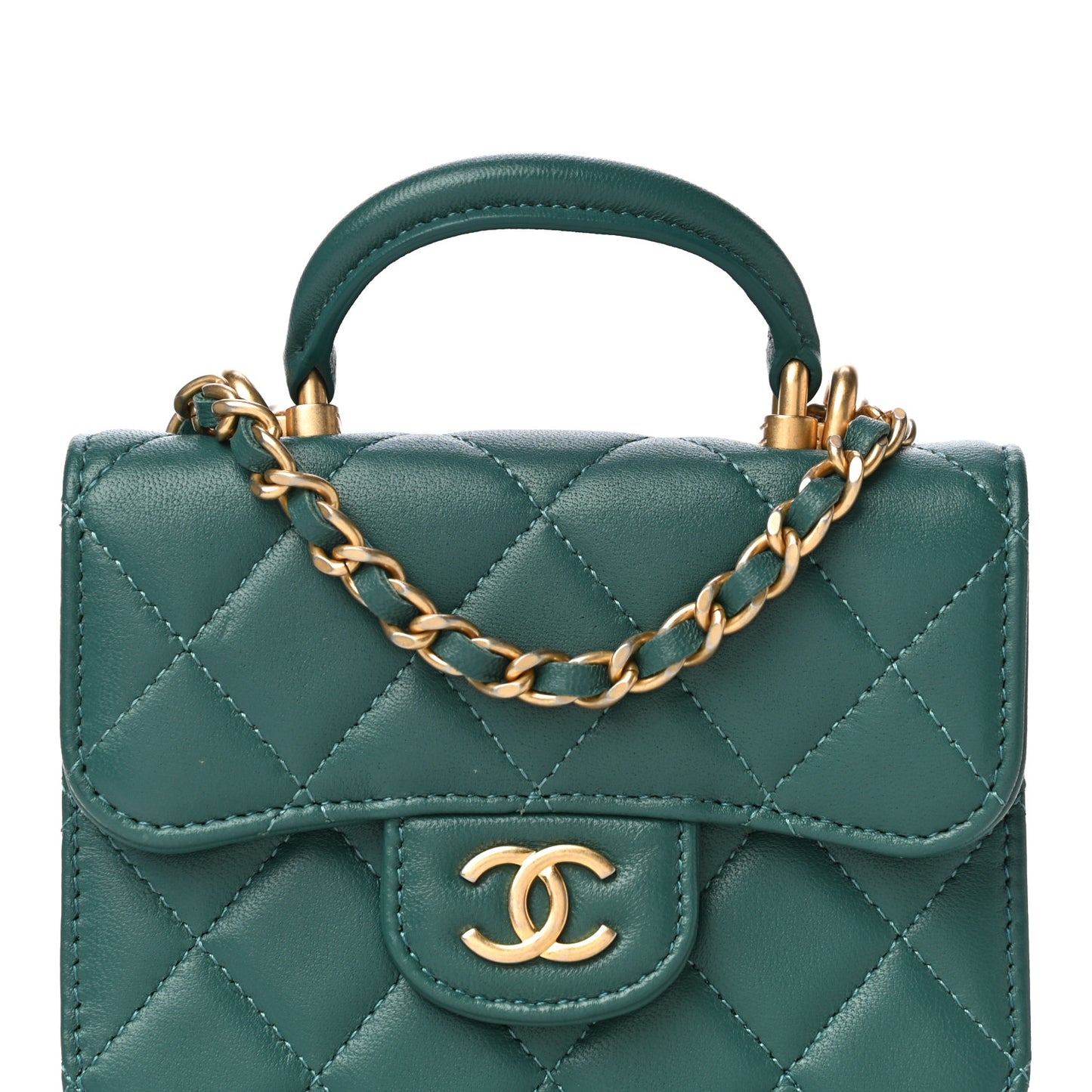 Lambskin Quilted Top Handle Flap Coin Purse With Chain Green