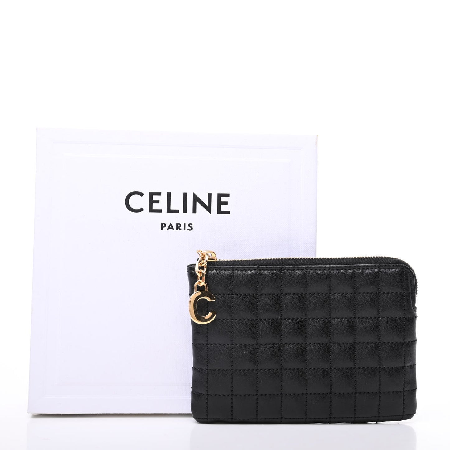 Calfskin Quilted C Charm Coin Card Pouch Black