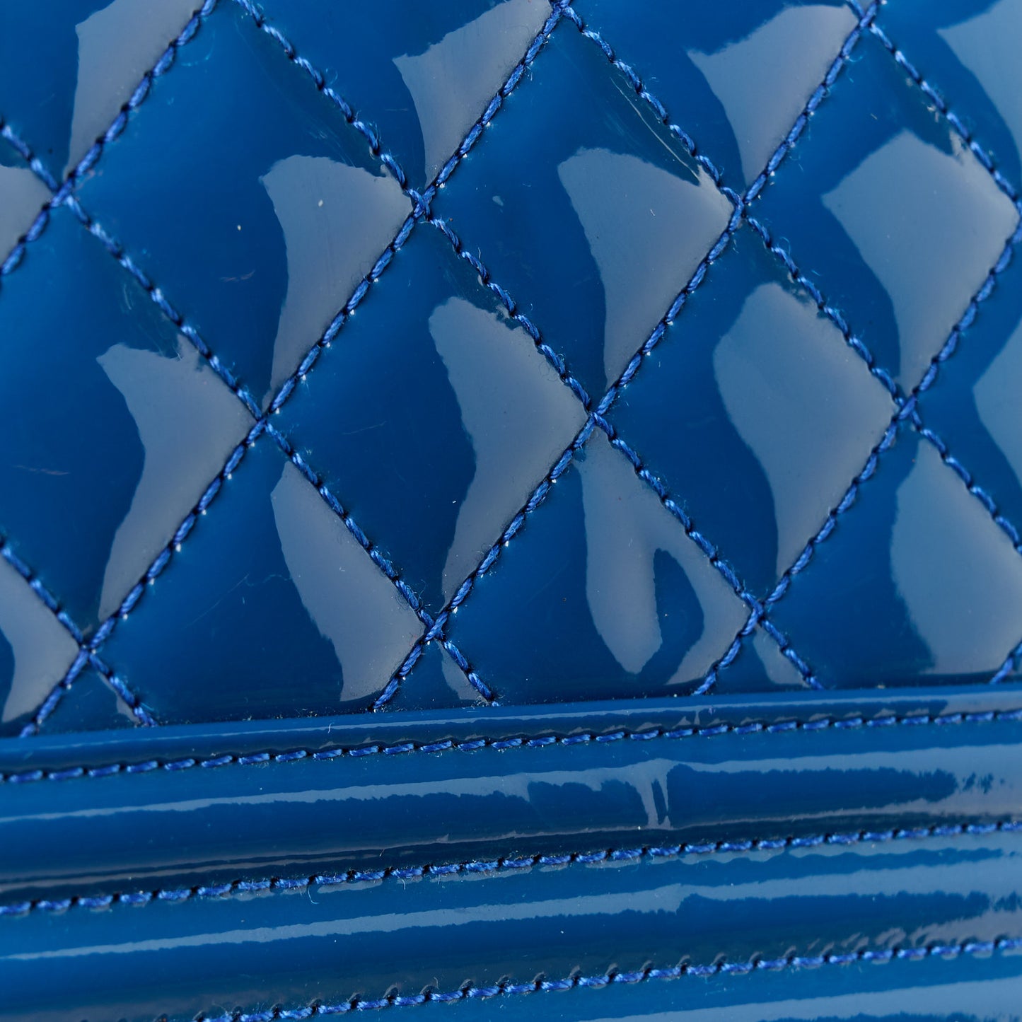 Patent Calfskin Quilted Small Plexiglass Boy Flap Blue