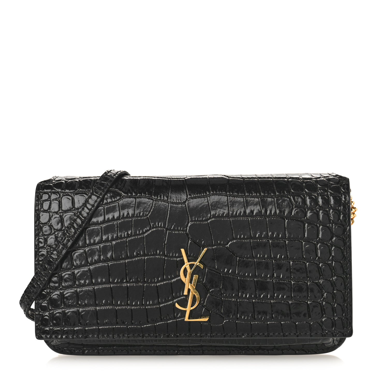 Crocodile Embossed Monogram Phone Holder Crossbody Black