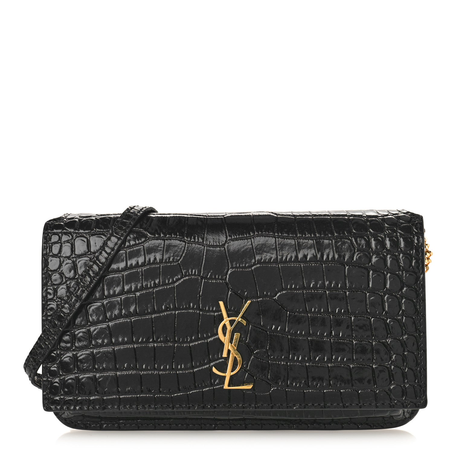 Saint Laurent Crocodile Embossed Monogram Phone Holder Crossbody Black 1 of 9