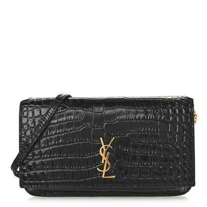 Saint Laurent Crocodile Embossed Monogram Phone Holder Crossbody Black 1 of 9