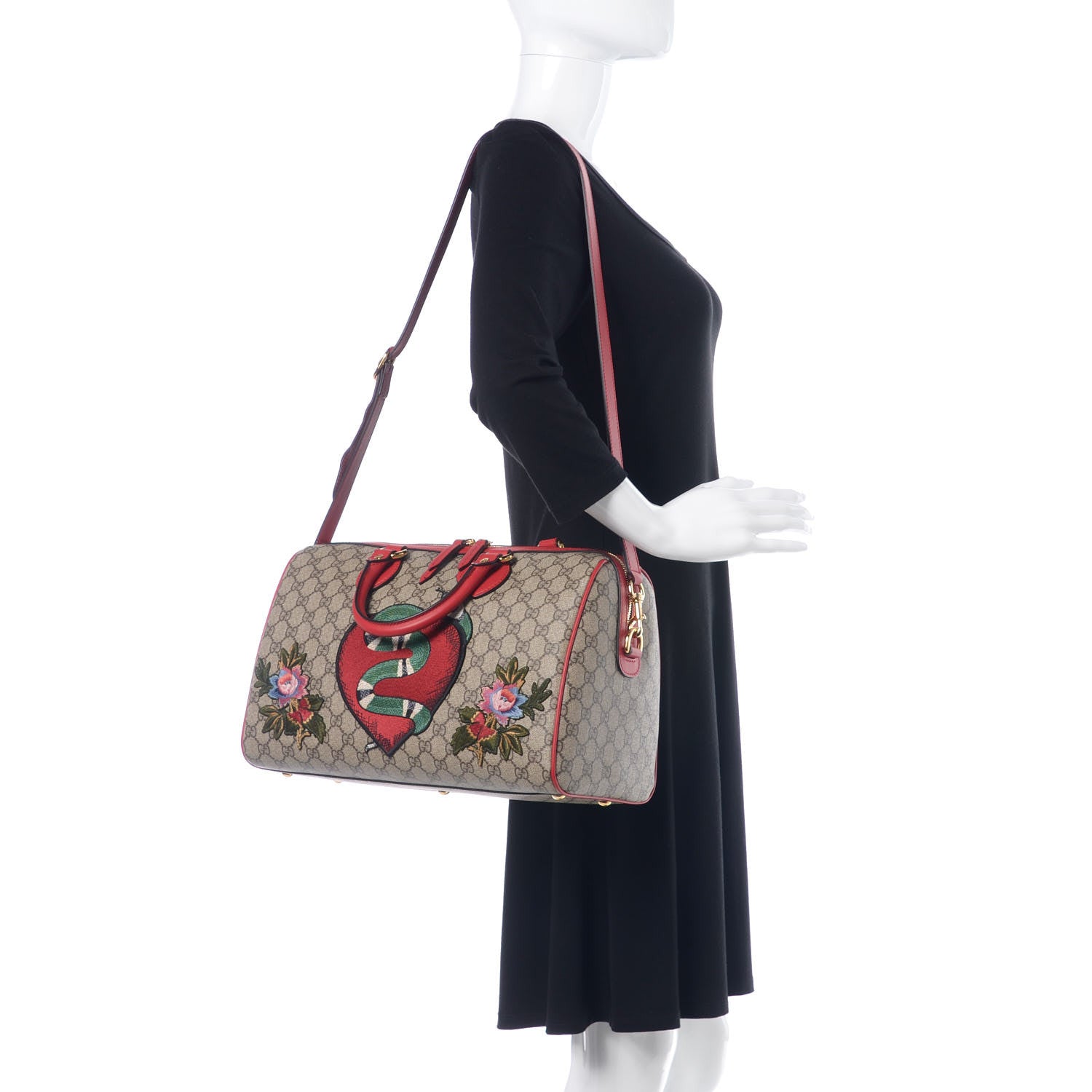 Gucci GG Supreme Monogram Kingsnake Heart Embroidered Medium Boston Hibiscus Red 2 of 12