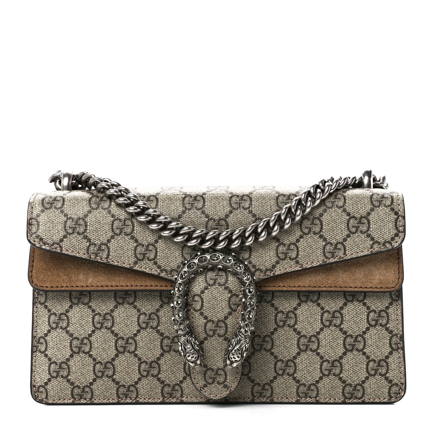 GG Supreme Monogram Suede Crystal Small Dionysus Shoulder Bag Beige Ebony Taupe