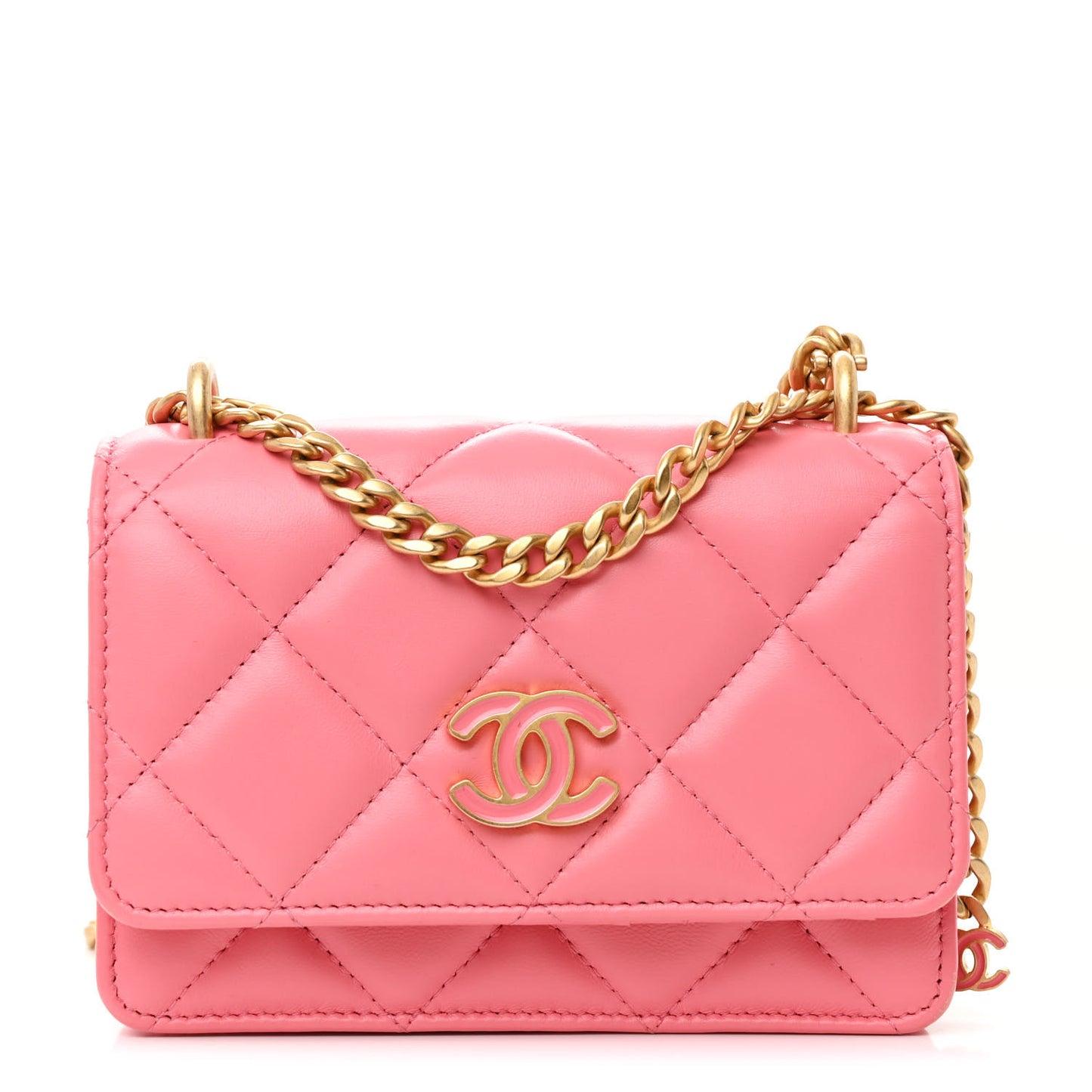Lambskin Enamel Quilted Pending CC Clutch With Chain Pink